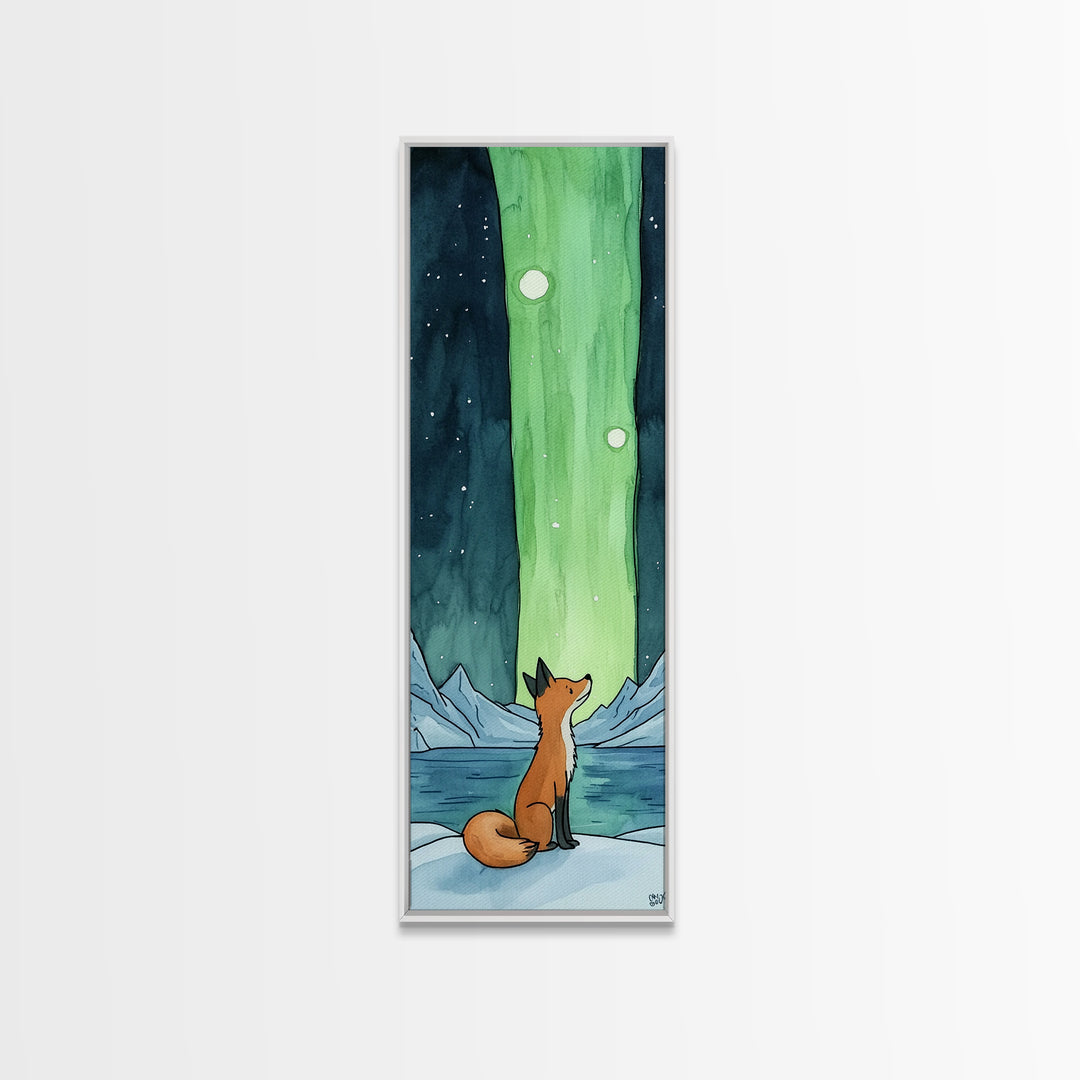 Fox Watching Northern Lights Canvas Print Arctic Landscape Wall Art, Celestial Animal Decor, Cozy Kids Room Nursery Gift