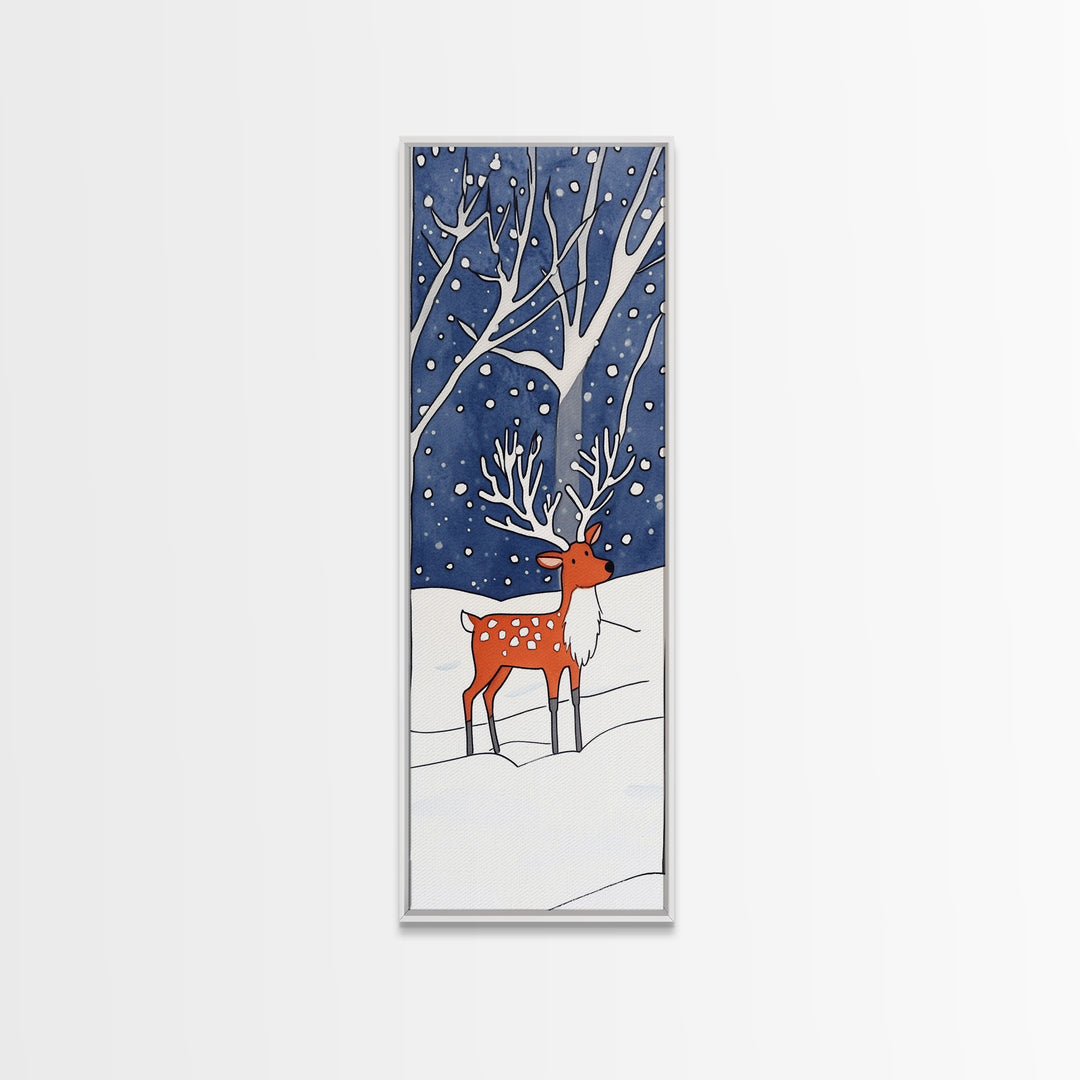 Red Reindeer In Snowy Forest Wall Art, Whimsical Winter Woodland Nursery Decor, Christmas Gift, Kids Room Wall Decor For Baby