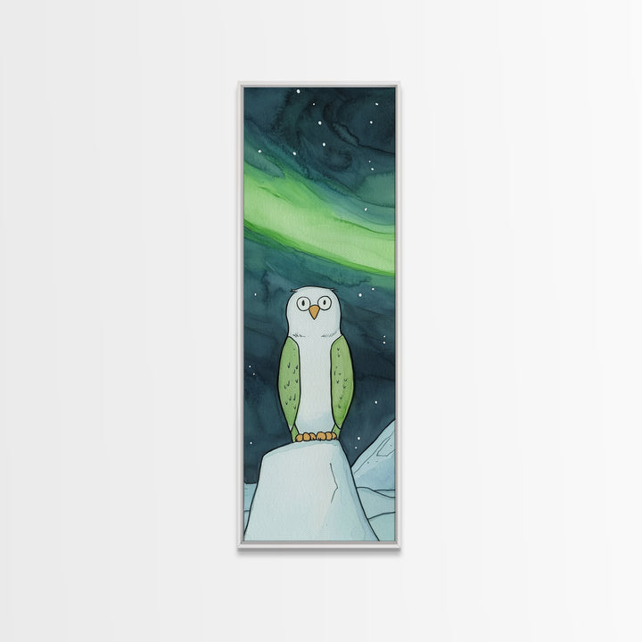 Cute Owl Under Aurora Wall Art, Whimsical Northern Lights Canvas Print, Kids Room Decor, Nursery Animal Art, Winter Gift