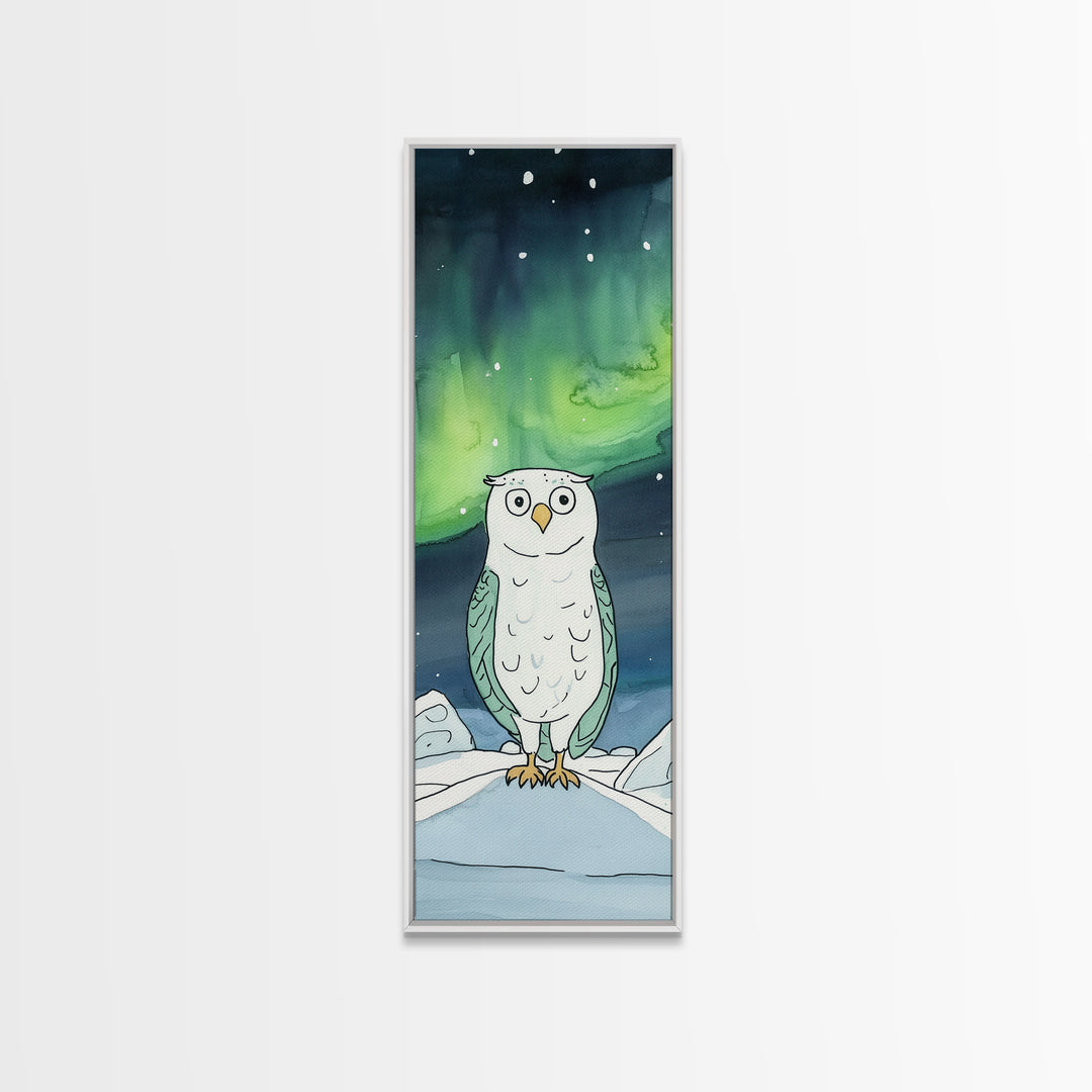 Wide Eyed Owl Beneath Northern Lights Wall Art, Whimsical Bird Print, Aurora Nursery Decor, Celestial Kids Room Art Gift