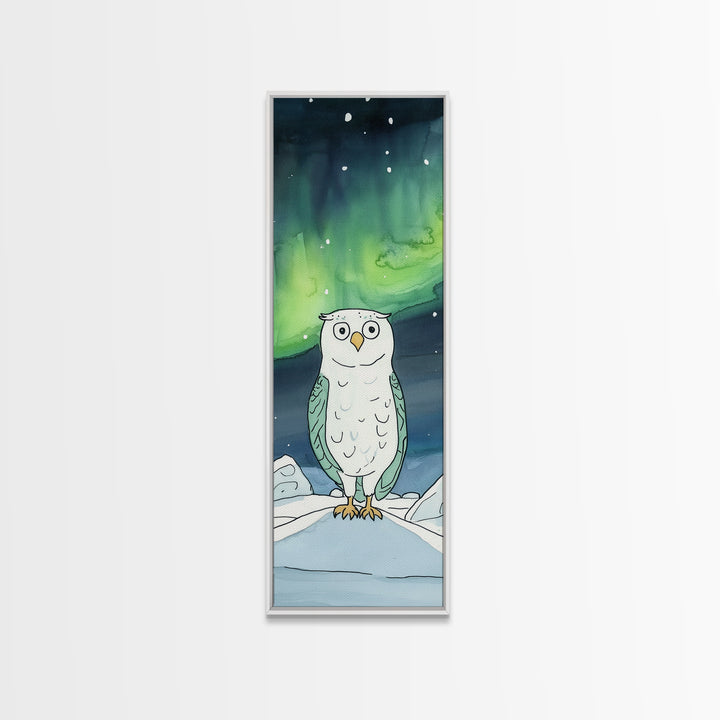 Wide Eyed Owl Beneath Northern Lights Wall Art, Whimsical Bird Print, Aurora Nursery Decor, Celestial Kids Room Art Gift