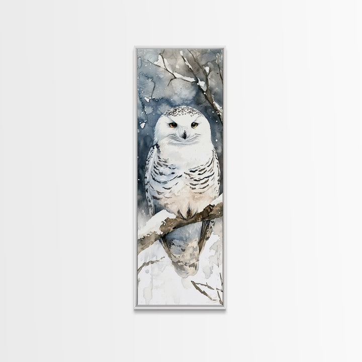 Realistic Snowy Owl In Snowy Forest Framed Canvas Print, Winter Wildlife Art, Nature Wall Decor, Rustic Cabin Decor Gift