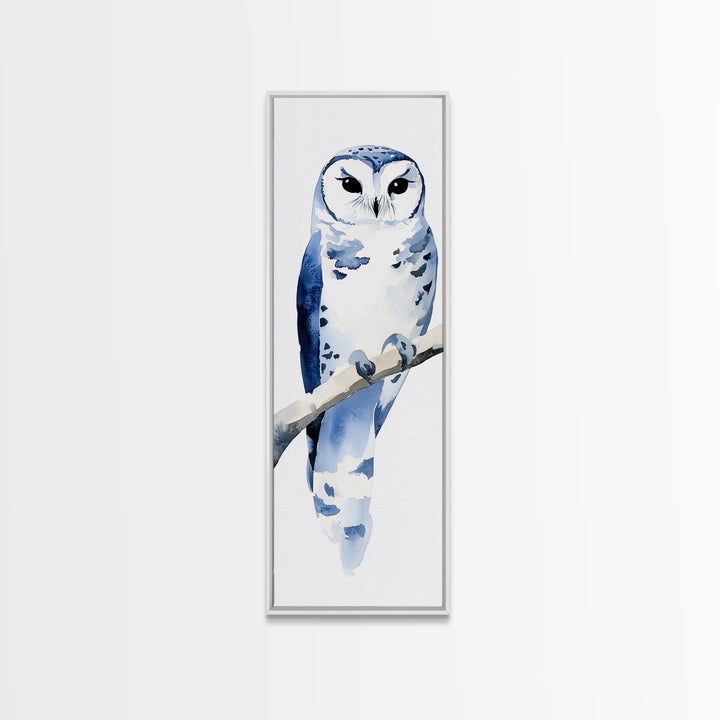 Blue And White Owl On Branch Canvas Print, Minimal Watercolor Bird Art, Nursery Wall Decor, Coastal Blue Bedroom Art Gift