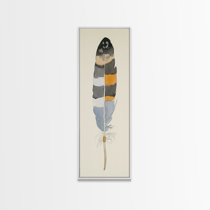 Bold Striped Feather Canvas Print, Watercolor Bird Art, Boho Wall Decor, Neutral Nature Print, Rustic Gallery Wall Gift Idea