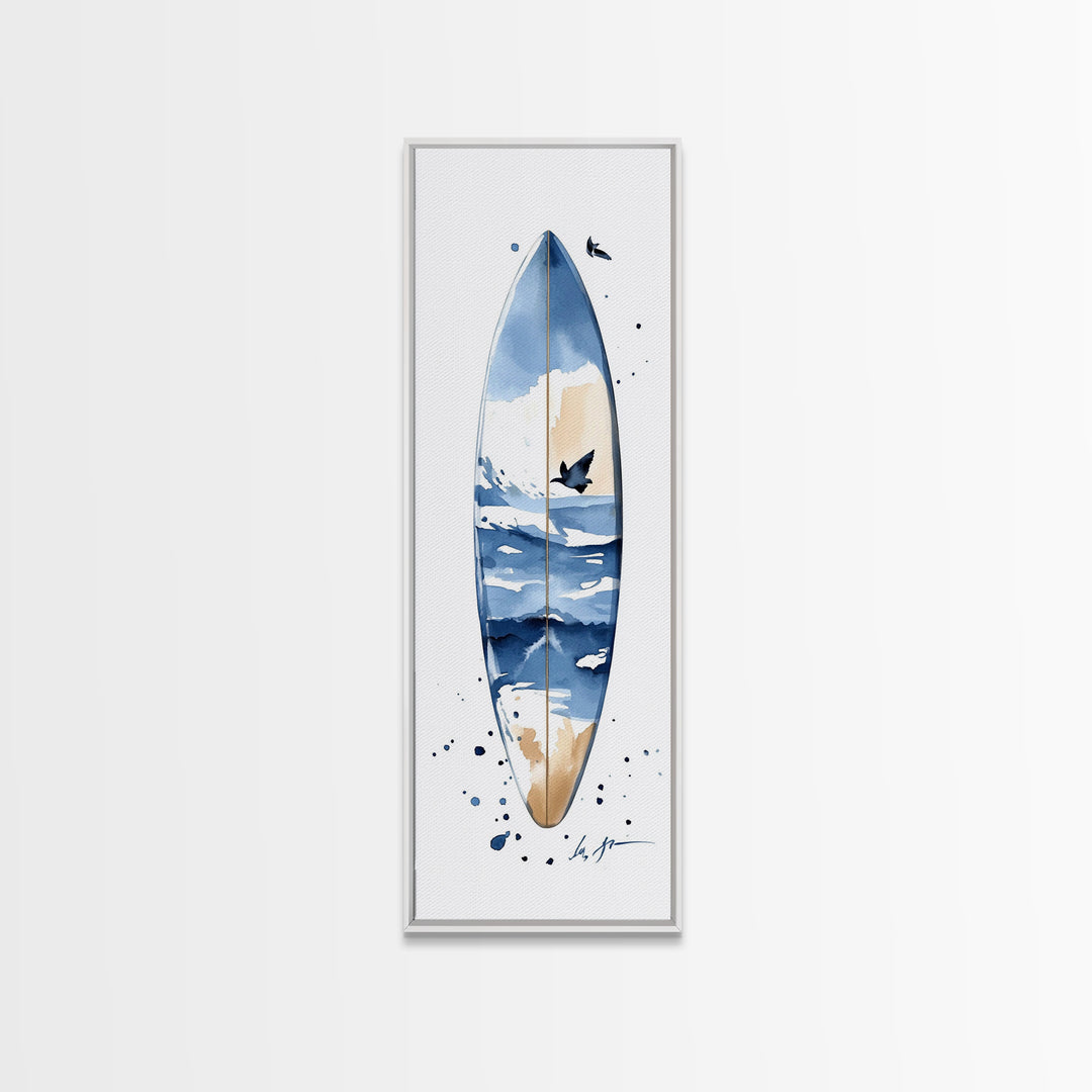 Blue Wave Surfboard With Birds Canvas Print, Coastal Wall Art, Ocean Decor, Beach House Surf Poster, Living Room Art, Modern Coastal Art