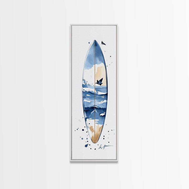 Blue Wave Surfboard With Birds Canvas Print, Coastal Wall Art, Ocean Decor, Beach House Surf Poster, Living Room Art, Modern Coastal Art