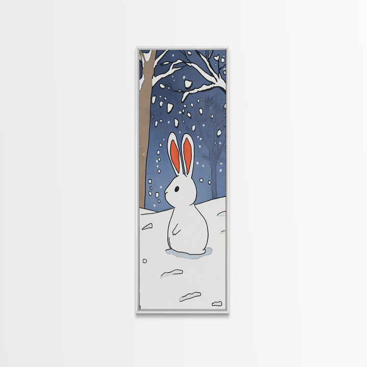 White Bunny In Snowy Forest Wall Art, Whimsical Rabbit Print, Woodland Nursery Decor, Winter Kids Room Wall Decor, Baby Shower Gift