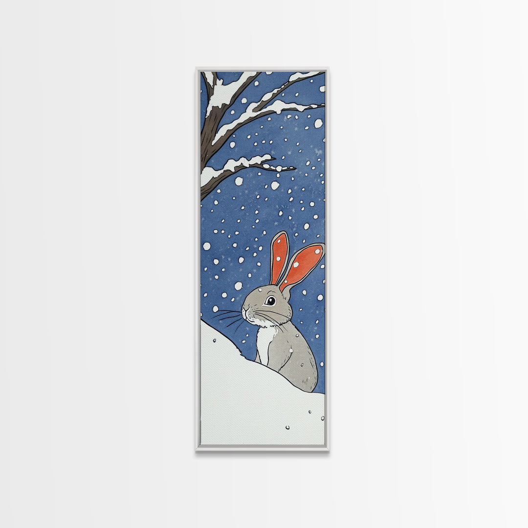 Snow Bunny In Falling Snow Wall Art, Whimsical Rabbit Watercolor Print, Cute Nursery Animal Decor, Winter Kids Room Art