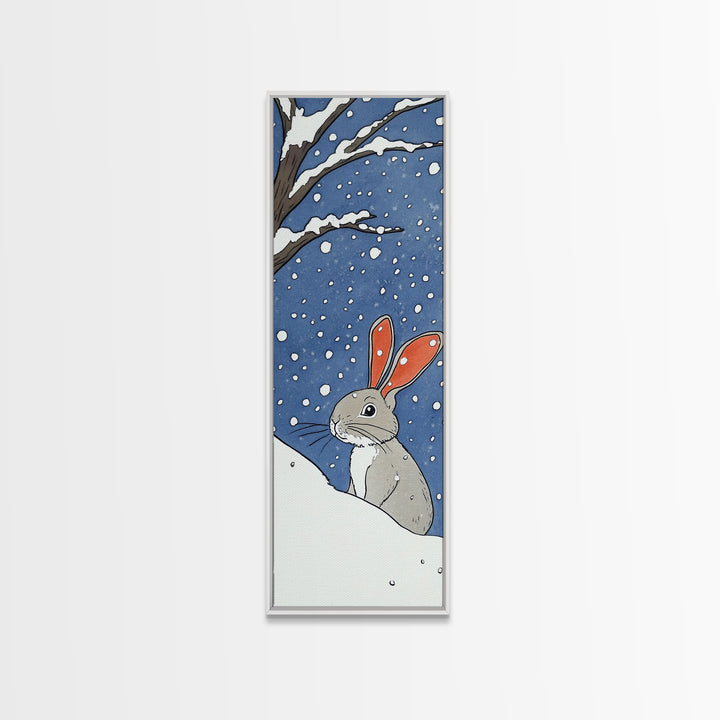 Snow Bunny In Falling Snow Wall Art, Whimsical Rabbit Watercolor Print, Cute Nursery Animal Decor, Winter Kids Room Art