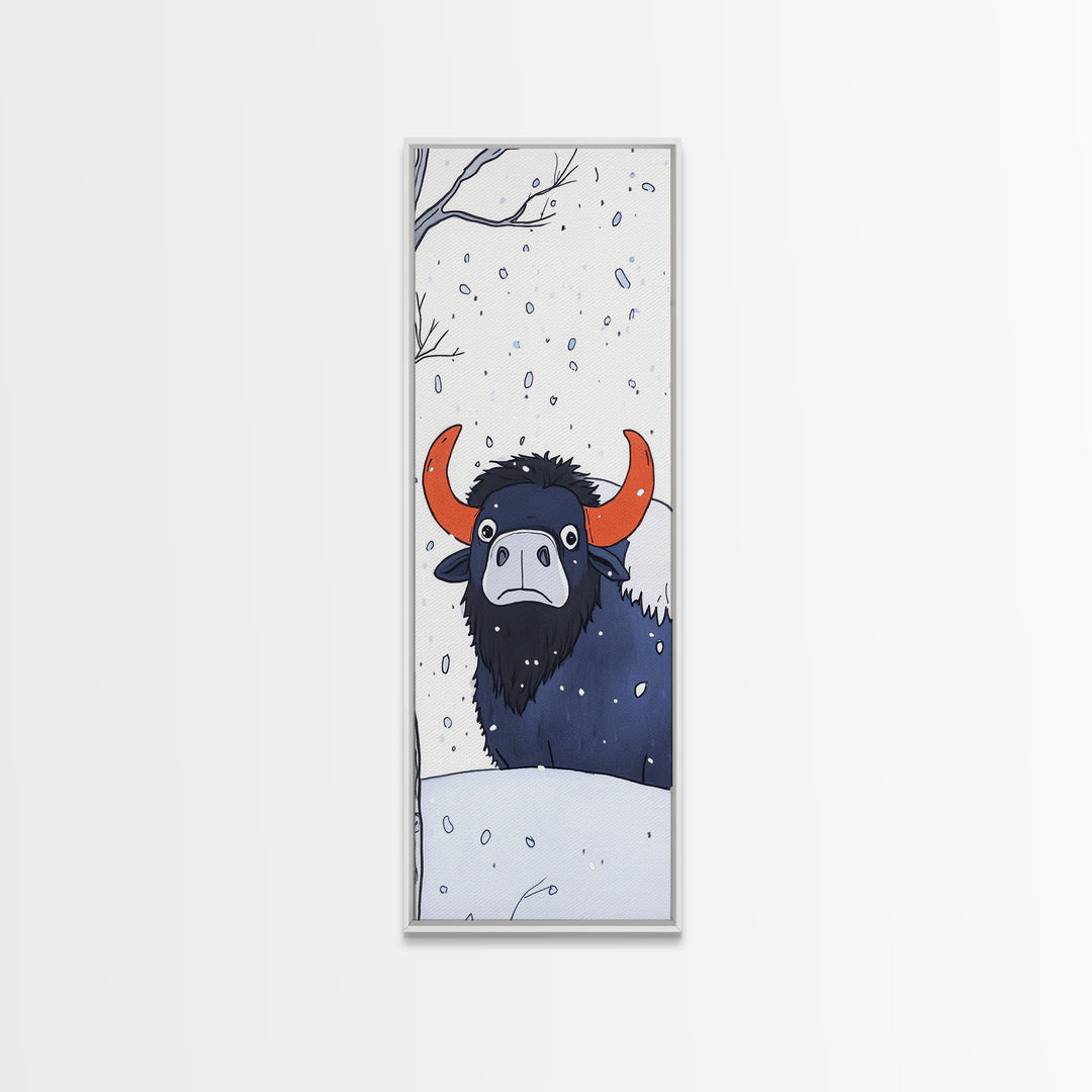 Musk Ox In Falling Snow Canvas Print, Whimsical Winter Animal Art, Nursery Wall Decor, Rustic Wildlife Gift For Kids Room