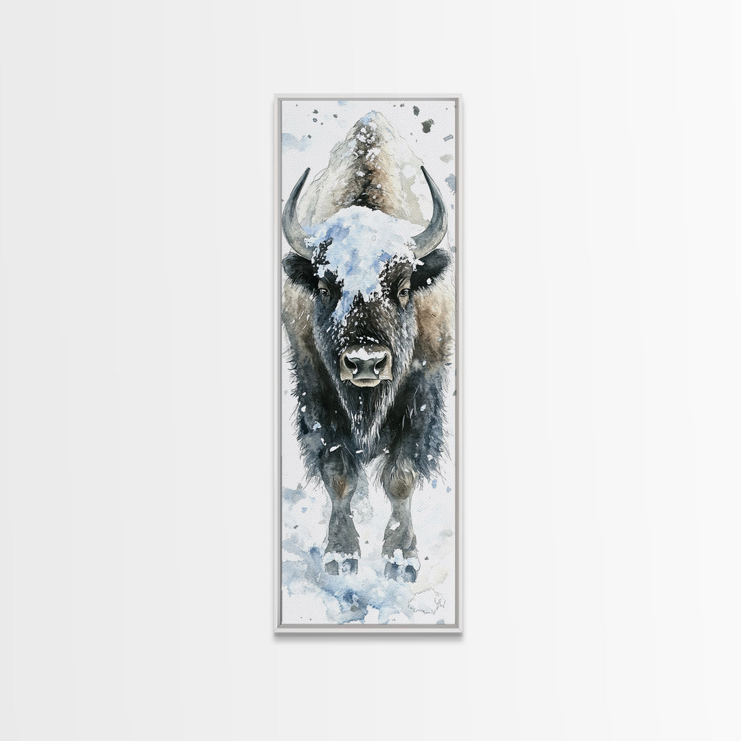 Snowy Bison Portrait Framed Canvas Print, Rustic Wildlife Wall Art, Western Animal Decor, Winter Lodge Housewarming Gift