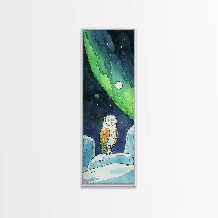 Barn Owl Under Northern Lights Canvas Print, Celestial Wall Art, Aurora Borealis Nursery Decor, Arctic Wildlife Gift For Owl Lovers