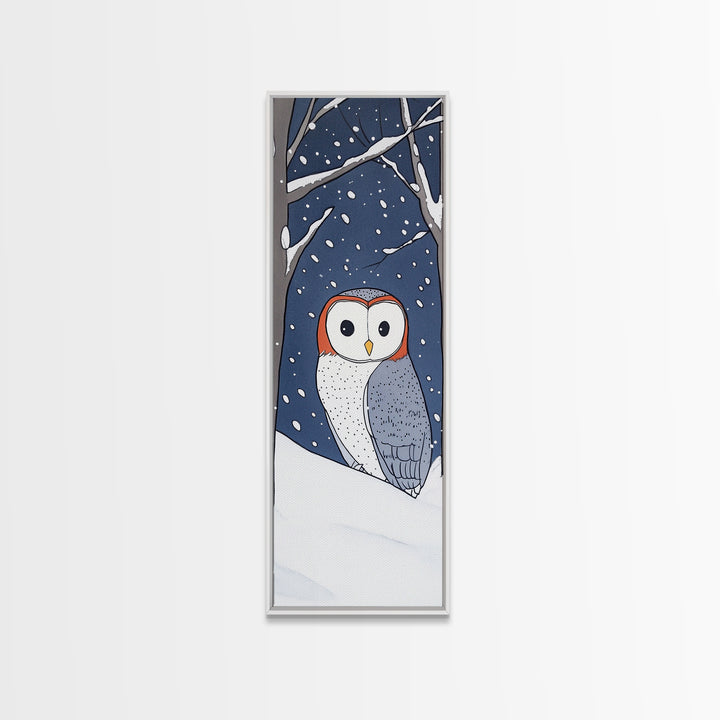 Cute Barn Owl In Snow Canvas Print, Whimsical Animal Wall Art, Winter Nursery Decor, Woodland Bird Gift For Kids Room Decor