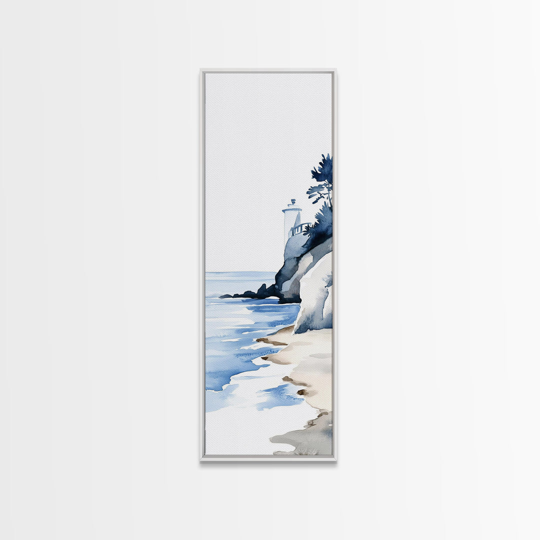 Blue Lighthouse On Cliff Canvas Print, Coastal Wall Art, Nautical Beach Decor, Ocean Landscape For Bathroom Or Living Room