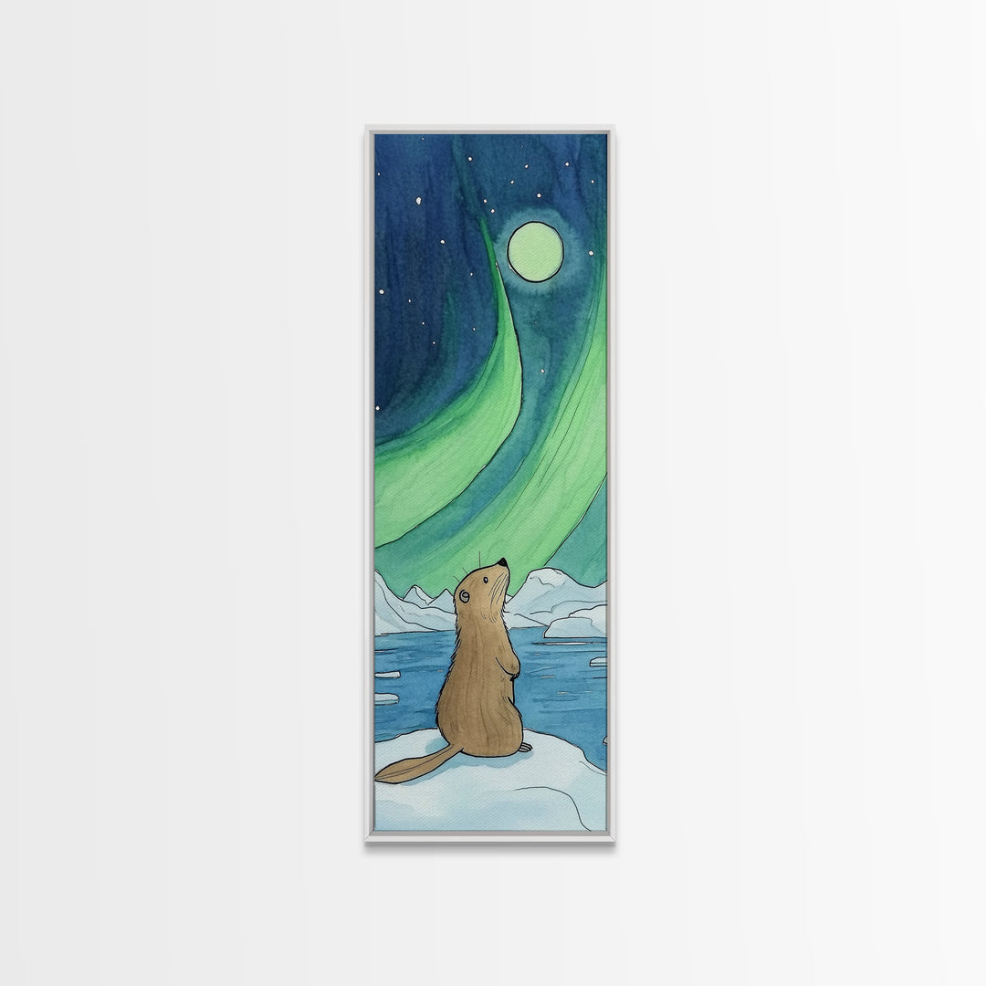 Cute Otter Northern Lights Moon Canvas Print, Whimsical Animal Wall Art, Nursery Decor, Kids Room Art, Aurora Gift For Children