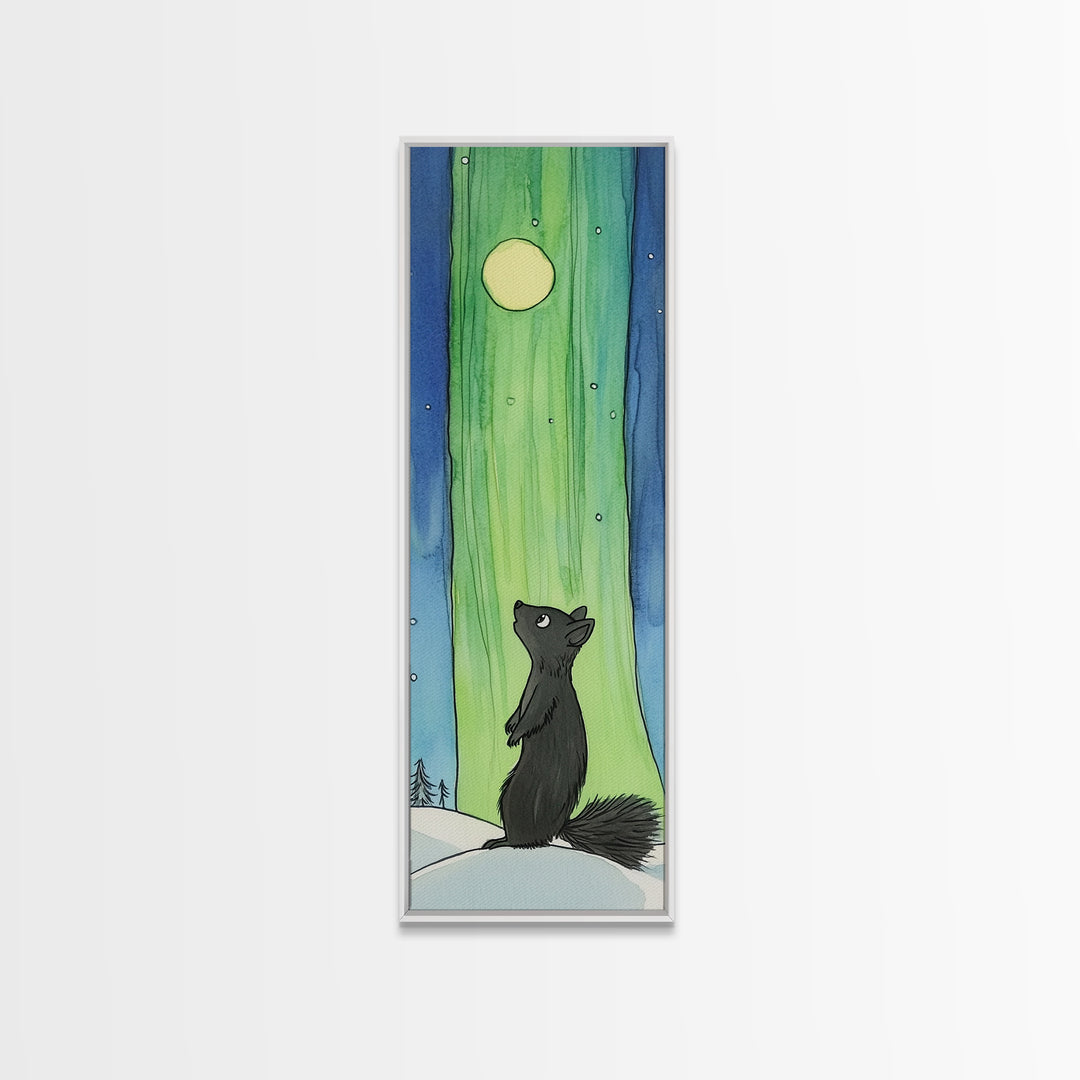 Black Squirrel Aurora Moon Canvas Print, Whimsical Animal Wall Art, Nursery Decor, Kids Room Art, Celestial Wall Decor Gift