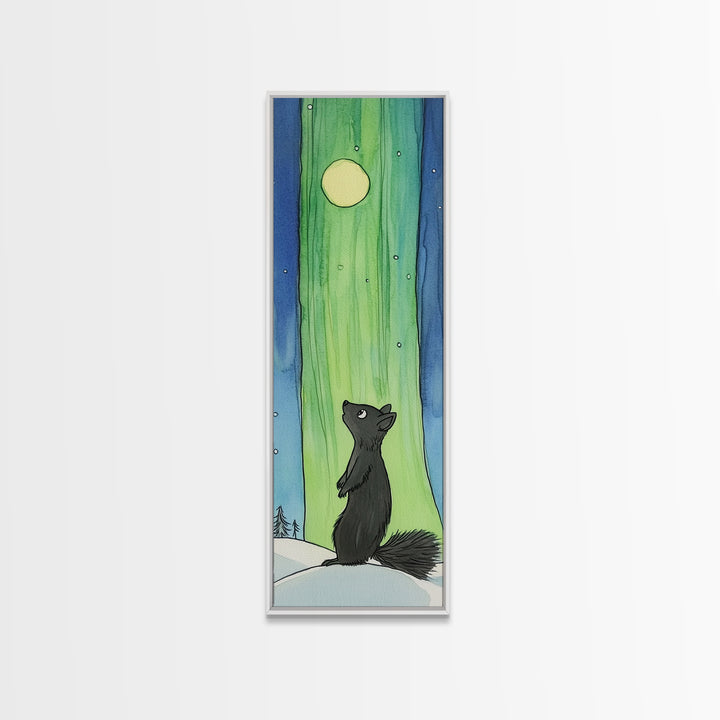 Black Squirrel Aurora Moon Canvas Print, Whimsical Animal Wall Art, Nursery Decor, Kids Room Art, Celestial Wall Decor Gift