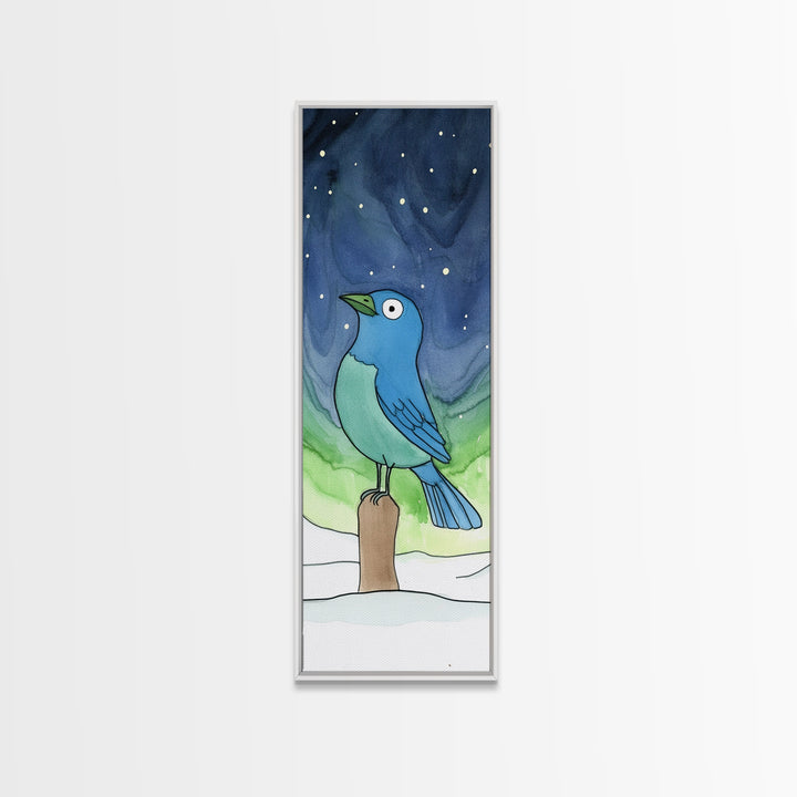 Whimsical Blue Bird In Starry Snow Canvas Print, Winter Nursery Wall Art, Kids Room Decor, Cute Animal Art, Bird Lover Gift