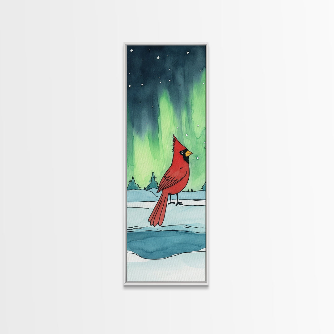 Red Cardinal In Snowy Aurora Landscape Framed Canvas Print, Winter Bird Wall Art, Nature Wall Decor, Christmas Gift, Living Room Art