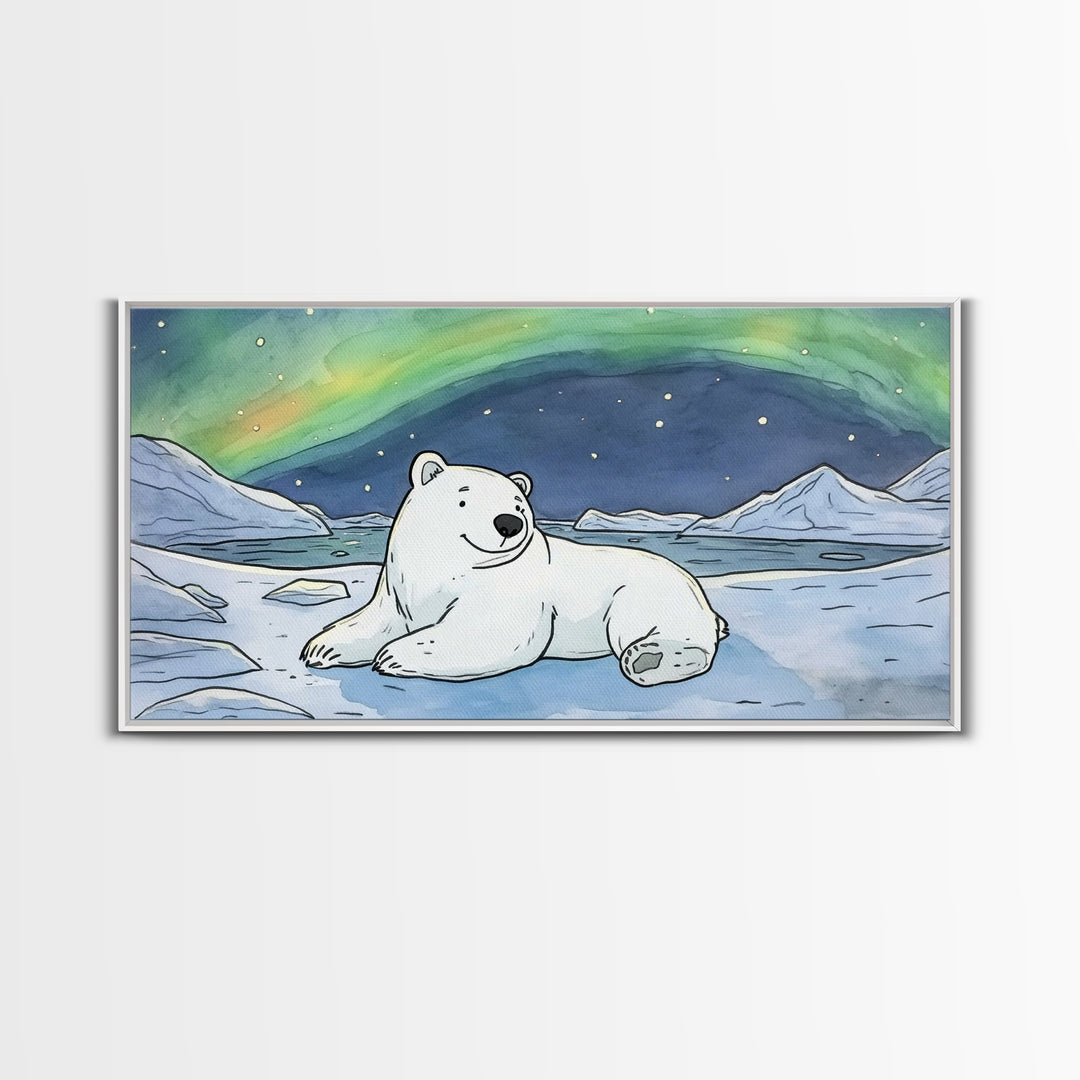 Polar Bear Under Northern Lights Wall Art, Arctic Animal Canvas Print, Nursery Decor, Wildlife Print, Winter Home Decor Gift