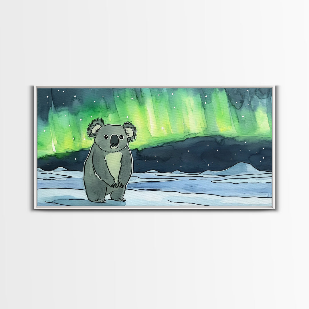 Koala Under Northern Lights Wall Art, Whimsical Animal Canvas Print, Aurora Nursery Decor, Kids Room Art, Unique Gift For Her