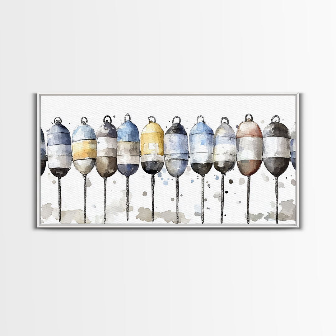 Striped Fishing Buoys Wall Art, Nautical Canvas Print, Coastal Bathroom Decor, Beach House Art, Ocean Wall Decor Gift Print
