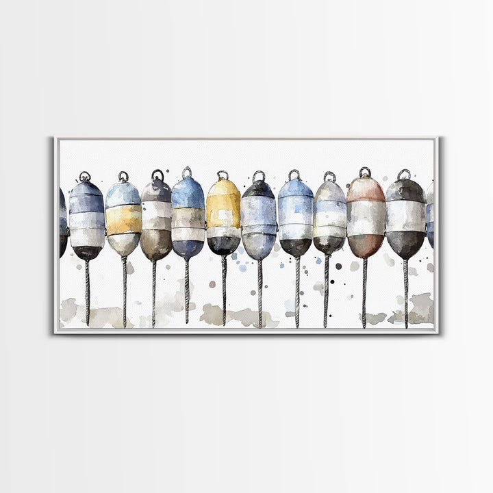 Striped Fishing Buoys Wall Art, Nautical Canvas Print, Coastal Bathroom Decor, Beach House Art, Ocean Wall Decor Gift Print