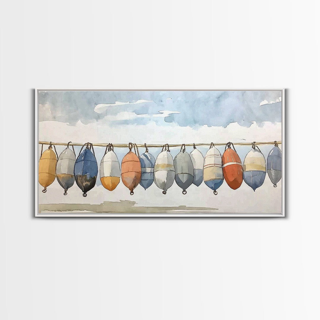 Hanging Coastal Buoys Canvas Print, Nautical Wall Art, Beach House Decor, Ocean Print, Bathroom Wall Decor, Gift For Her