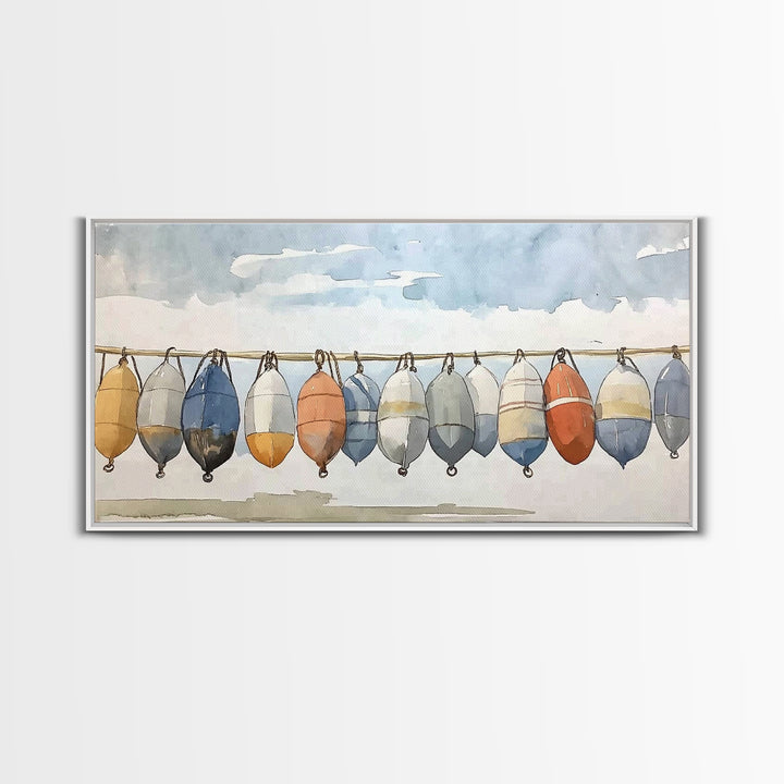 Hanging Coastal Buoys Canvas Print, Nautical Wall Art, Beach House Decor, Ocean Print, Bathroom Wall Decor, Gift For Her