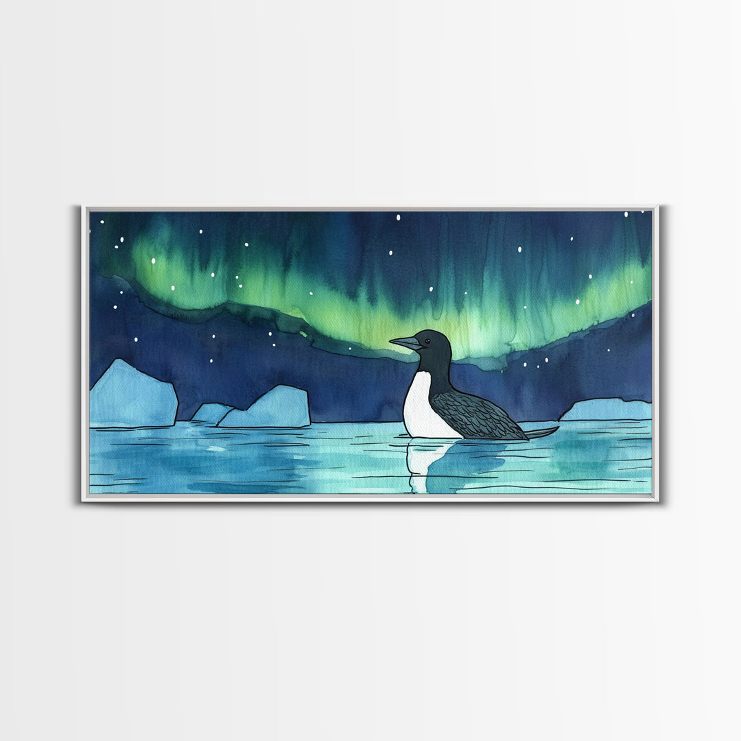Loon Under Northern Lights Wall Art, Arctic Lake Canvas Print, Wildlife Bird Print, Coastal Nature Decor, Gift For Her, Home Decor