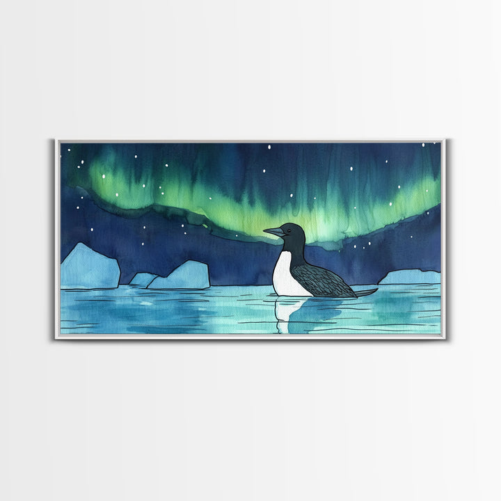 Loon Under Northern Lights Wall Art, Arctic Lake Canvas Print, Wildlife Bird Print, Coastal Nature Decor, Gift For Her, Home Decor