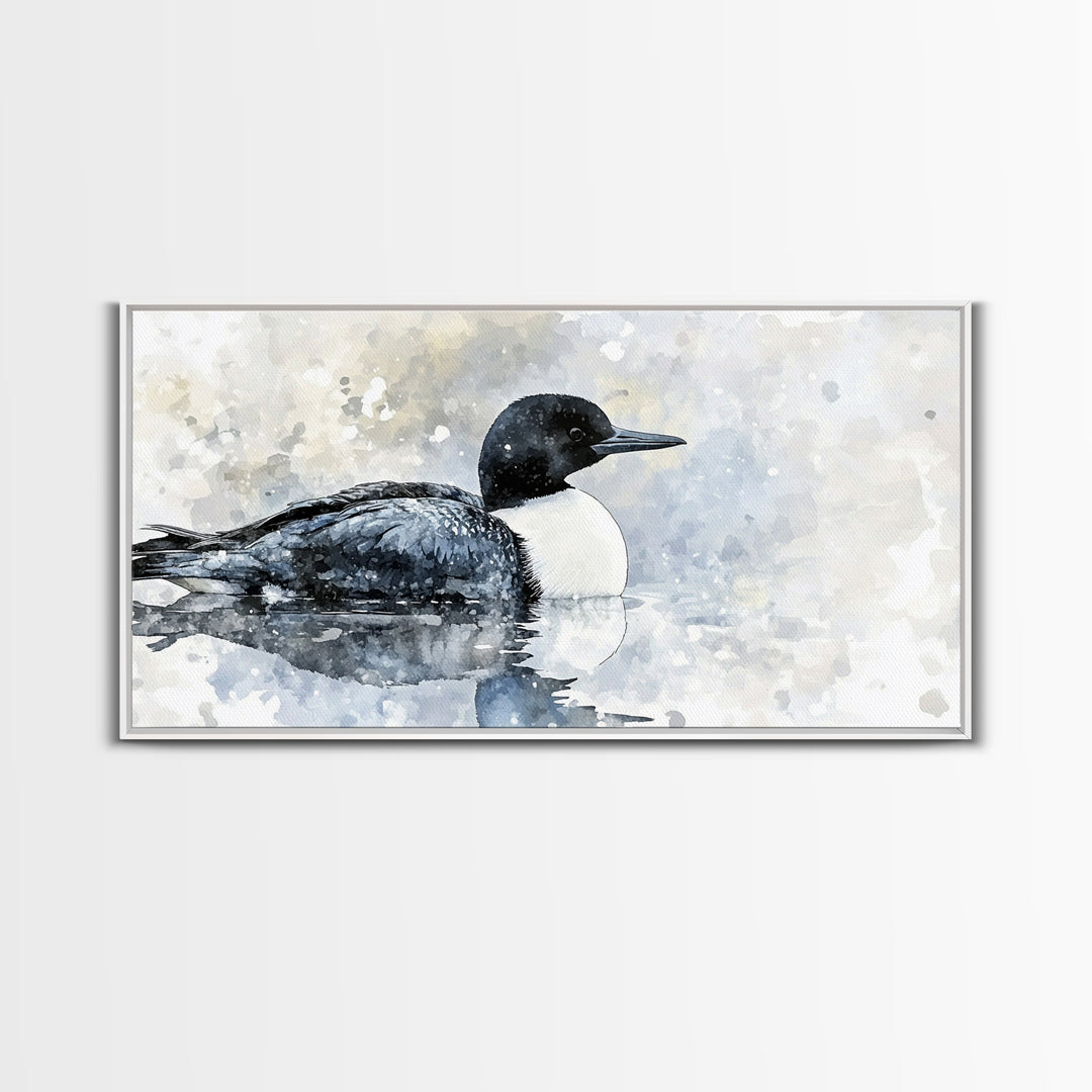 Watercolor Loon On Misty Lake Wall Art, Coastal Bird Canvas Print, Nature Wildlife Decor, Serene Lake House Gift, Living Room Fine Art Print