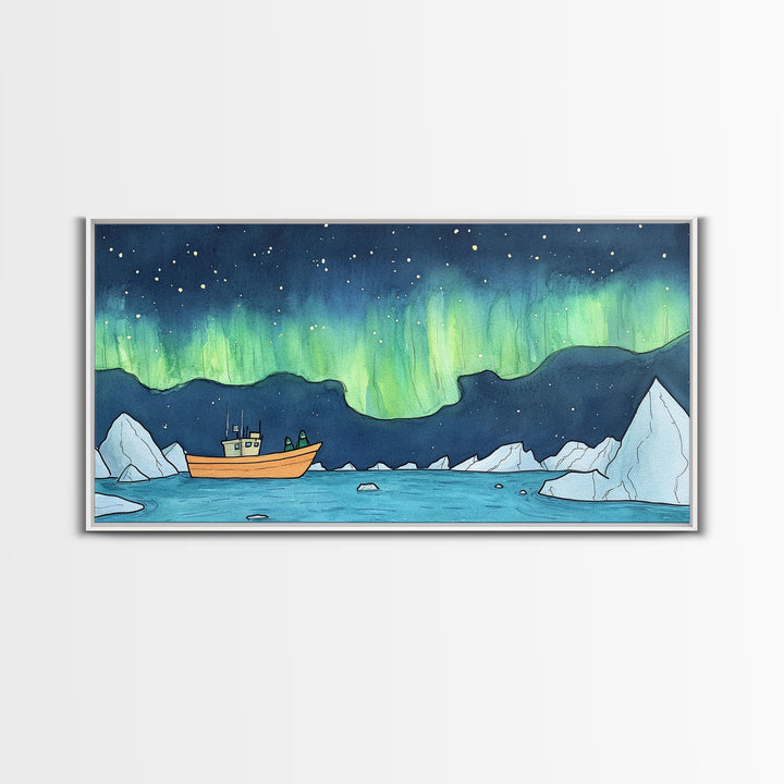 Northern Lights Boat And Iceberg Wall Art, Arctic Seascape Canvas Print, Aurora Borealis Travel Poster, Nautical Decor Gift