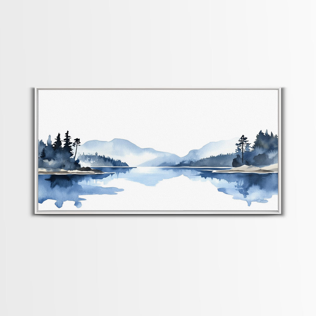 Minimal Blue Mountain Lake Wall Art, Watercolor Landscape Canvas Print, Scandinavian Nature Decor, Calm Living Room Wall Art