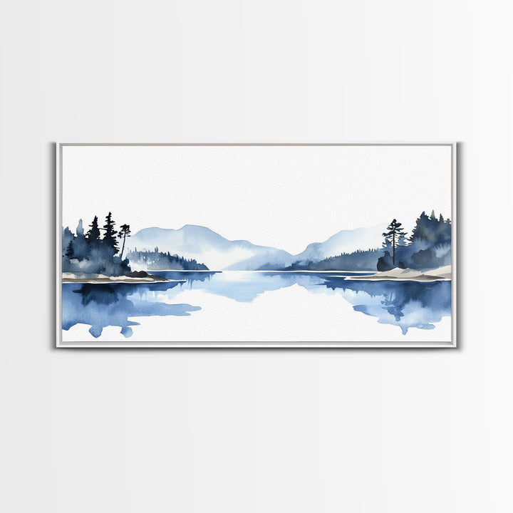 Minimal Blue Mountain Lake Wall Art, Watercolor Landscape Canvas Print, Scandinavian Nature Decor, Calm Living Room Wall Art
