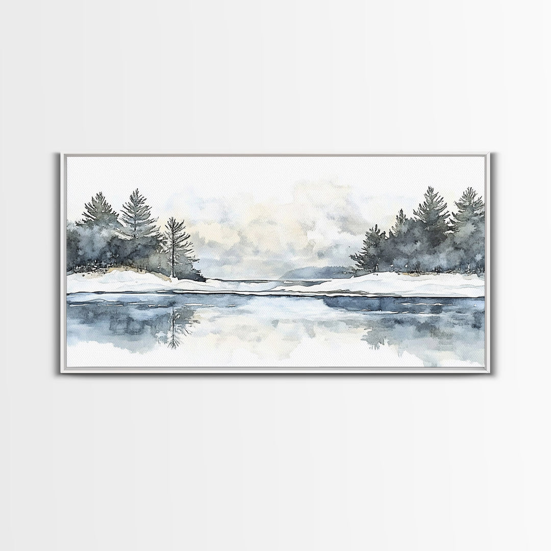Winter Pine River Reflection Wall Art, Blue Watercolor Landscape Canvas Print, Serene Nature Living Room Decor, Lake House Gift