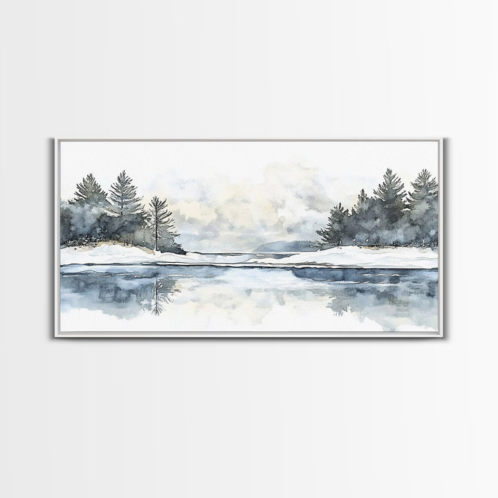 Winter Pine River Reflection Wall Art, Blue Watercolor Landscape Canvas Print, Serene Nature Living Room Decor, Lake House Gift