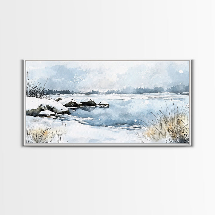 Snowy Marsh Lake With Rocks And Grass Wall Art, Winter Watercolor Landscape Canvas Print, Neutral Nature Decor, Cabin Gift