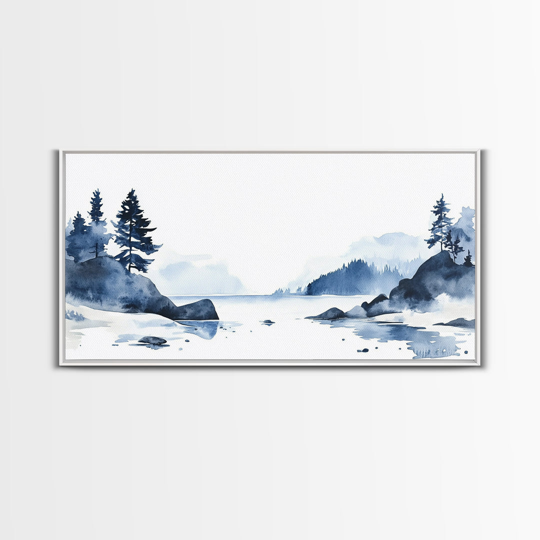 Blue Rocky Lake And Pine Island Canvas Print, Watercolor Coastal Landscape, Scandinavian Wall Decor, Calm Living Room Art