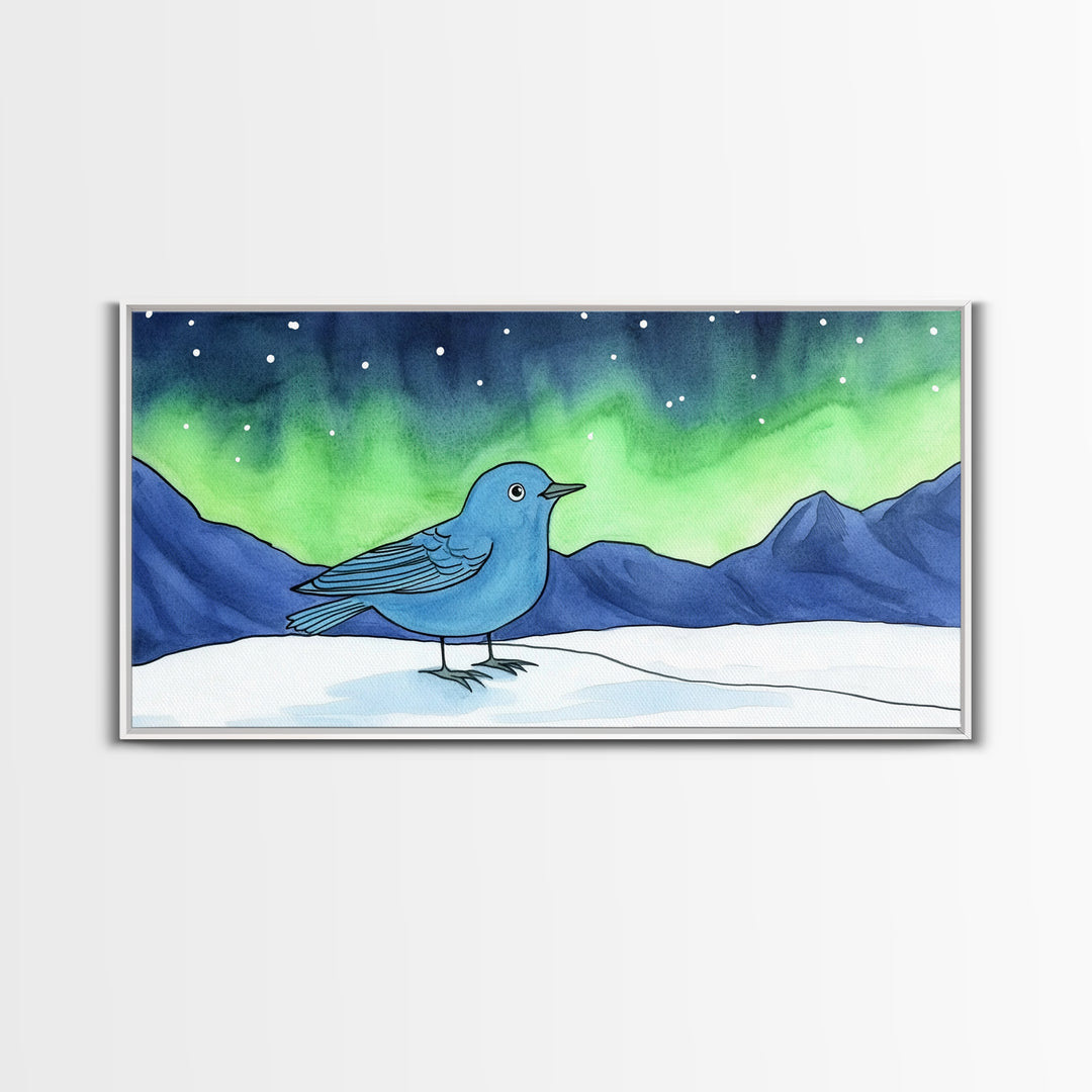 Blue Bird Under Northern Lights Canvas Print, Aurora Mountain Landscape Wall Decor For Nursery, Kids Room, Winter Home Decor