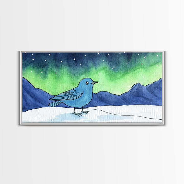 Blue Bird Under Northern Lights Canvas Print, Aurora Mountain Landscape Wall Decor For Nursery, Kids Room, Winter Home Decor