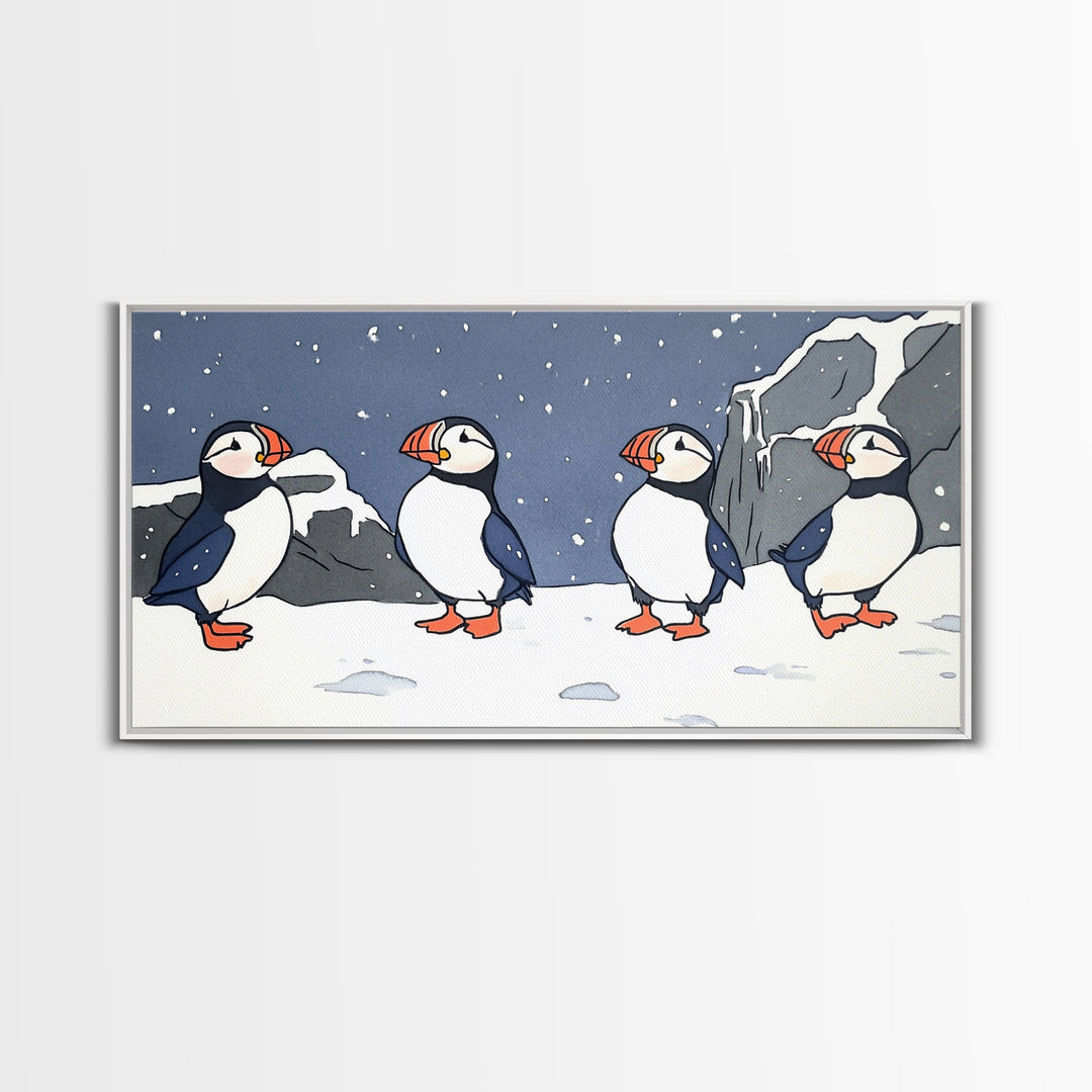 Four Puffins In Snowy Arctic Landscape Canvas Print, Whimsical Animal Wall Art For Kids Room, Nursery, Coastal Winter Decor