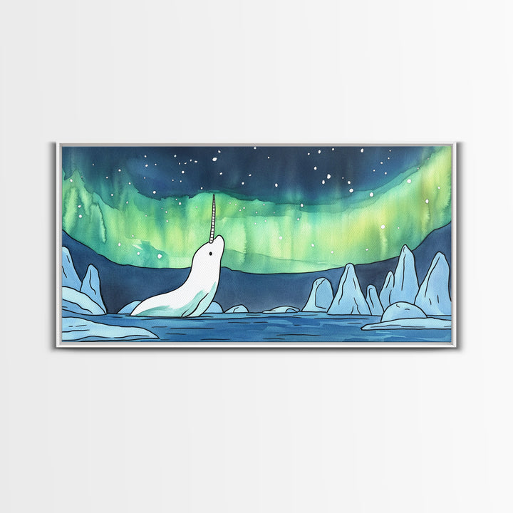 White Narwhal Under Northern Lights Canvas Print, Arctic Ocean Wall Art For Nursery, Kids Room, Coastal Decor, Fantasy Gift