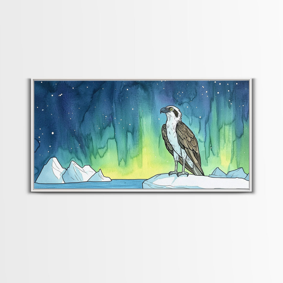 Osprey Perched Beneath Northern Lights Wall Art, Aurora Borealis Bird Print, Arctic Nature Decor, Wildlife Canvas Art Print