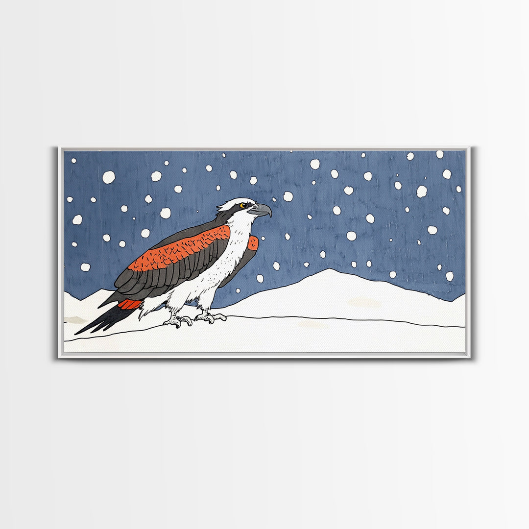 Snowy Osprey Hawk In Winter Landscape Wall Art, Bird Lover Gift, Rustic Wildlife Print, Cabin Decor Canvas Art, Nature Wall Decor