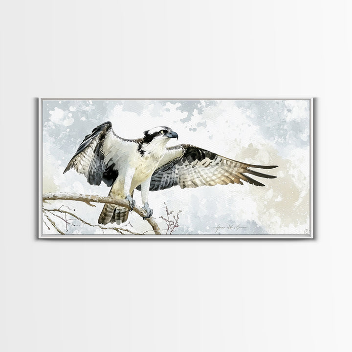 Landing Osprey On Winter Branch Canvas Print, Watercolor Hawk Wall Art, Rustic Nature Decor, Bird Lover Housewarming Gift