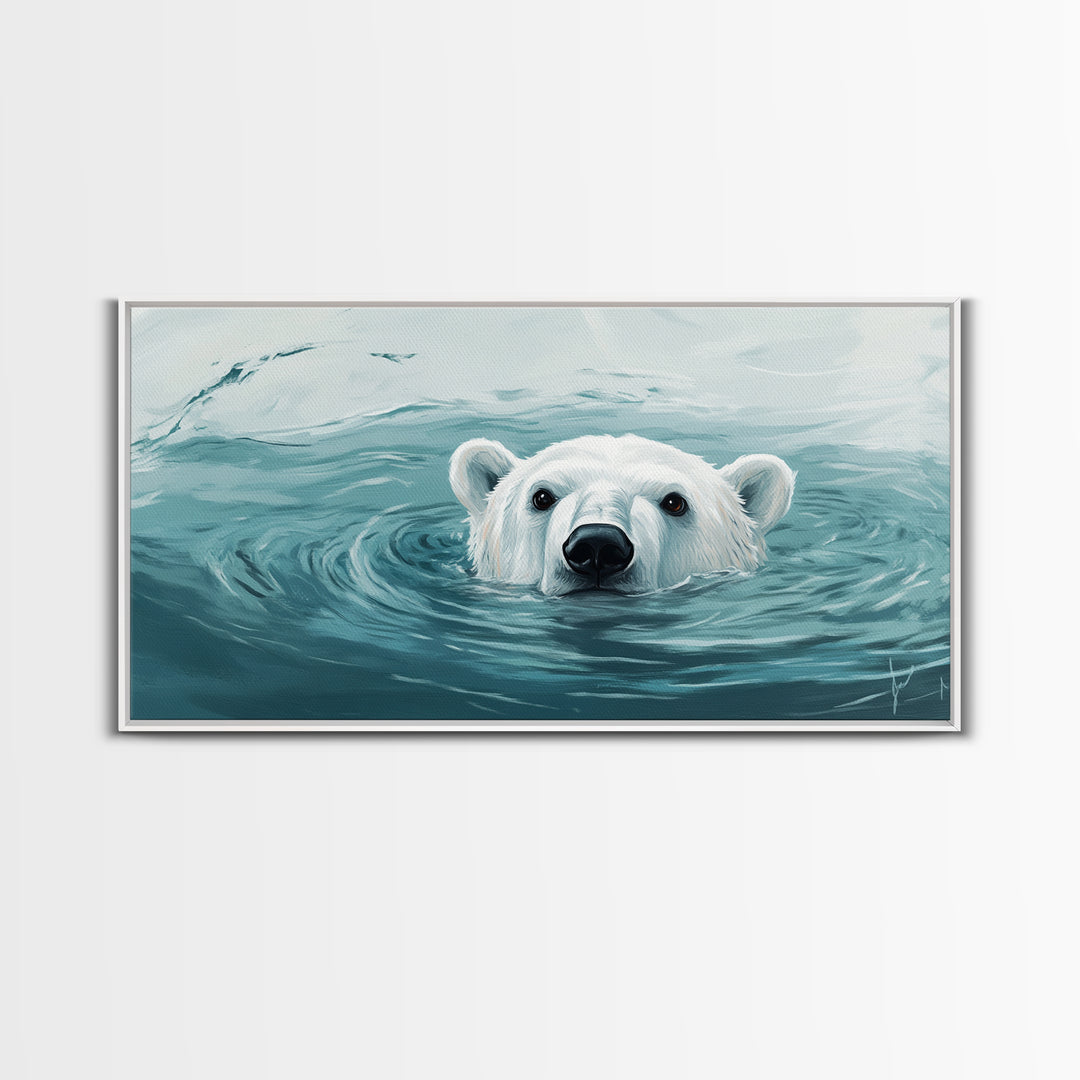 Swimming Polar Bear In Teal Water Wall Art, Arctic Wildlife Canvas Print, Ocean Animal Decor, Nursery Or Bathroom Art Print
