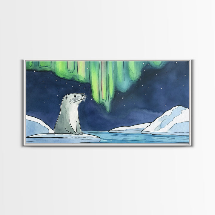 Arctic Seal Under Northern Lights Wall Art, Aurora Ocean Animal Print, Whimsical Nursery Decor, Coastal Canvas Print, Housewarming Gift