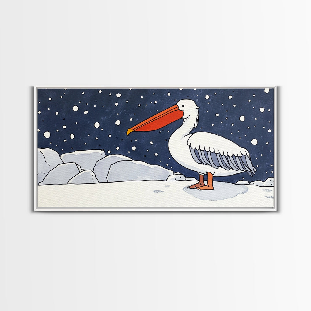 Snowy White Pelican On Ice Framed Canvas Print, Arctic Bird Wall Decor, Coastal Wall Art, Nursery Art, Gift For Her, Kids Room Decor