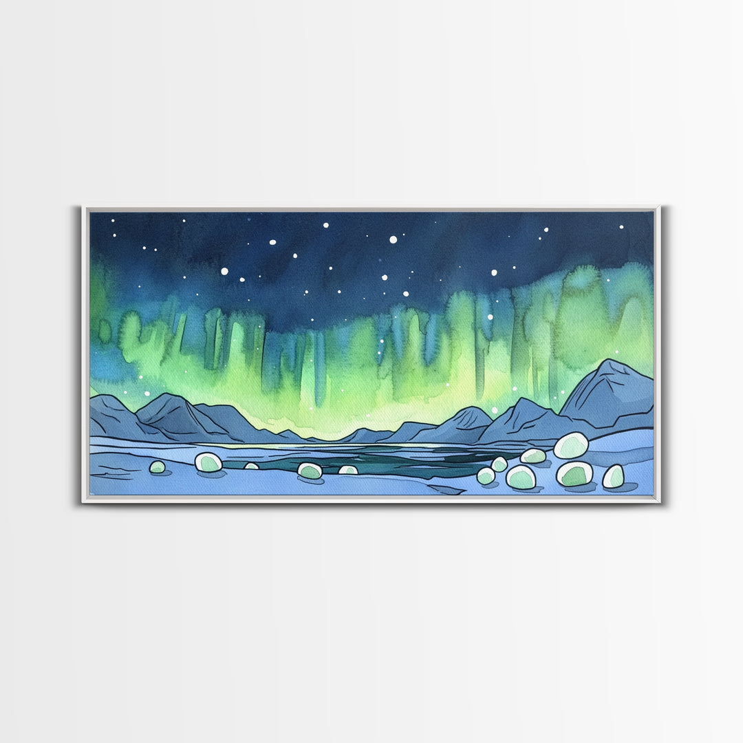 Northern Lights Over Arctic Mountains Wall Art, Aurora Landscape Print, Nature Wall Decor, Large Canvas Print, Office Decor